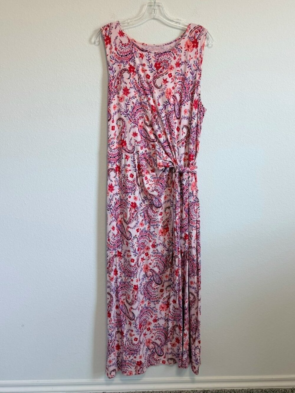 Lands' End Sleeveless Scoop Neck Tie Side Colorful Paisley Maxi Dress Size L.